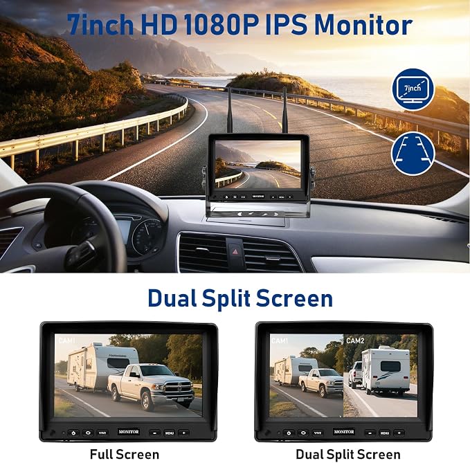 Wireless Backup Camera for Truck RV Trailer Car Camper Tractor Vehicles, Magnetic Solar Reverse Camera,7" HD 1080P Monitor with Portable Rechargeable Waterproof 170° Rear View Camera,IR Night Vision