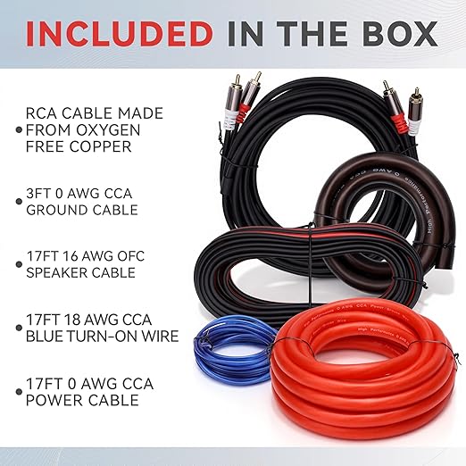 1/0 Gauge Complete Car Amplifier Installation Wiring Kit, Premium CCA Automotive Audio Systems Cable with OFC 2-Channel RCA Cable & Full Accessories, Brings Power to Radio, Subwoofer and Speaker, DIY