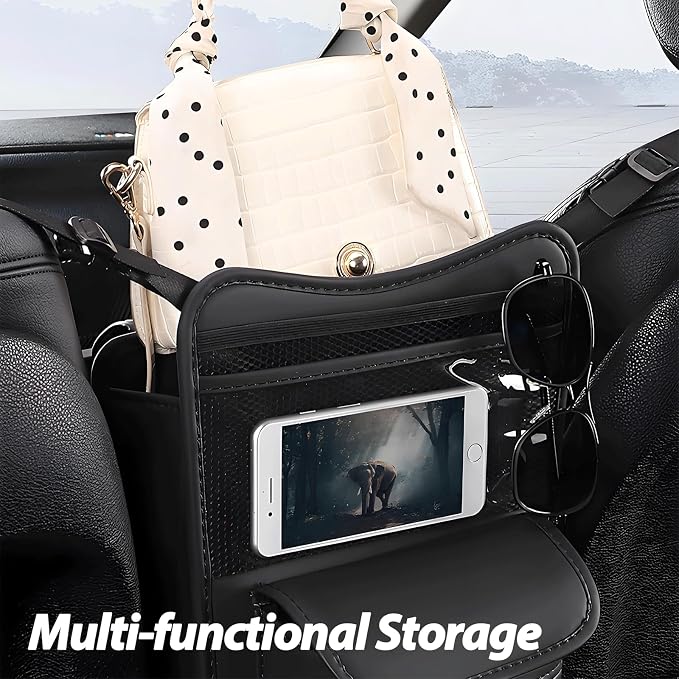 Car Organizer Storage Between Seats, Premium Leather Car Storage Bag Pocket Handbags Purse Holder with Tissue Box, Touch Screen Phone Holder, Console Front Seat Storage Barrier (Brown)
