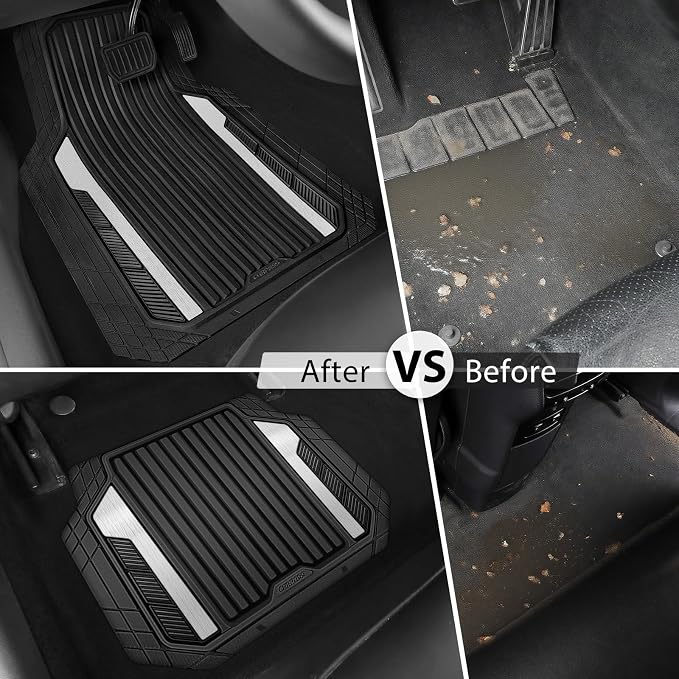 CAR PASS Heavy Duty Rubber Car Mats Metallic, Aluminum Film All Weather Floor Mats Waterproof Universal Trim to Fit for SUV Sedan Van 4 Piece Deep Dish Two-Tone Sporty Black Silver Chrome
