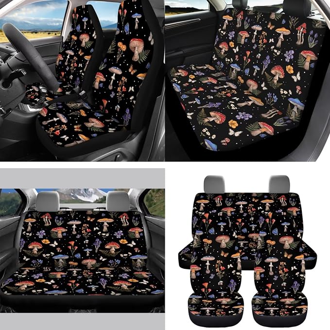 Mushroom Car Seat Cover Full Set 15 PCS, with Auto Steering Wheel Cover Seatbelt Shoulder Pad Coasters Garbage Bin Rear View Mirror Cover Keychain