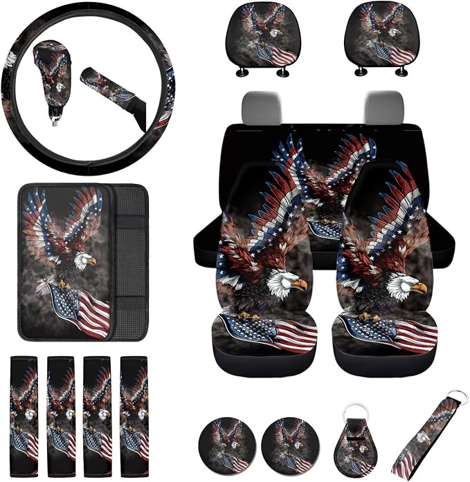 18 Pcs American Flag Car Seat Covers Full Set Eagle Steering Wheel Cover+Center Console Pad+Armrest Cover+Seat Safety Belt Pad+Seatbelt Covers+Cup Mats+Keychain,Car Interior Accessories