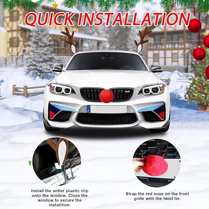 Christmas Car Reindeer Antlers with Nose & Ears - Festive Plush Antler Kit with Lights & Bells - Universal Holiday Decoration for SUV Van Truck