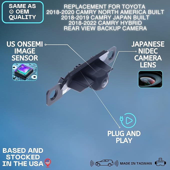 Backup Camera Replaces for 2018 2019 2020 Toyota Camry North America Built | 2018 2019 Camry Japan Built | 2018 2019 2020 2021 2022 Camry Hybrid OE Part # 8679006090 8679033180 8679006170