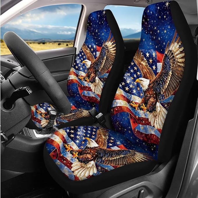 Bulopur American Flag Eagle Car Seat Covers Full Set with Vehicle Armrest Cushion Easy Install Auto Seat Belt Shoulder Strap Covers 15 Inch Steering Wheel Cover Coasters Car Interior Accessories