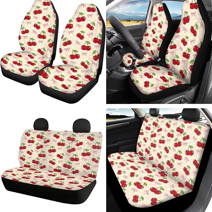Cherry Print Car Seat Covers Front and Back Full Set with Headrest Covers Steering Wheel Cover Safety Belt Pads Armrest Cushion Cup Coasters for SUV Truck Sedan, Easy to Install