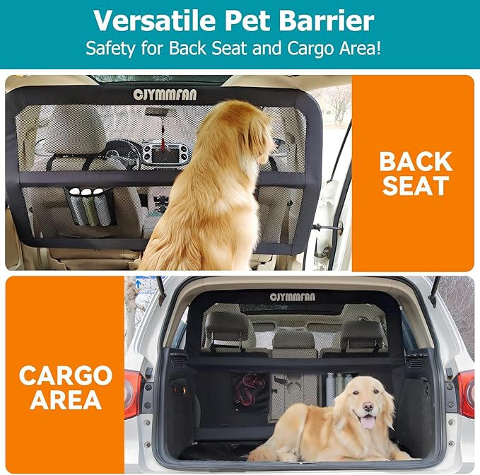 Dog Barrier for Car Back Seat & Cargo Area with Wider Coverage, Universal Fit for Car, SUV & Truck, Dog Car Divider with Chew-Proof Transparent Net and Sturdy Metal Frame for Backseat & Trunk
