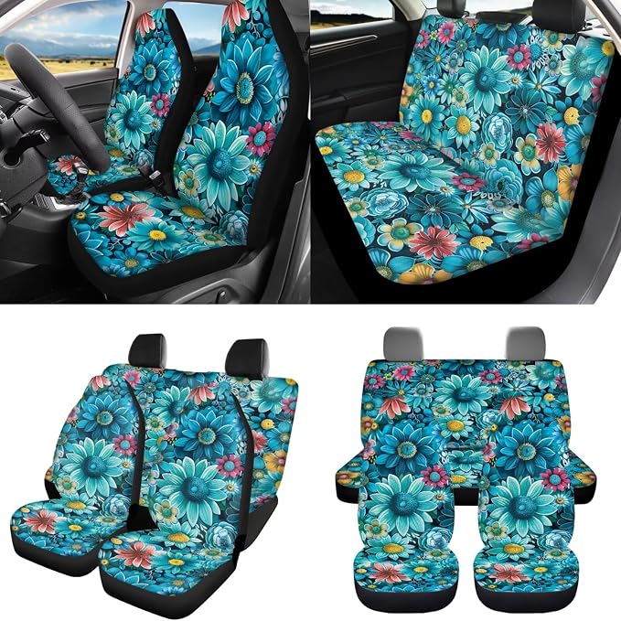 8 Pcs Novelty Flower Car Seat Covers Full Set Car Accessories for Women Front Seat Cover Steering Wheel Armrest Cover Seat Belt Cover for Auto SUV Interior Decoration