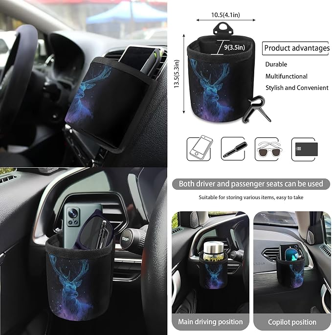 Galaxy Deer Print Car Accessories Full Set of 15 Car Seat Covers Seatbelt Strap Covers Steering Wheel Cover Air Vent Storage Bag Rearview Mirror Cover Cup Holder Key Chain Car Decor