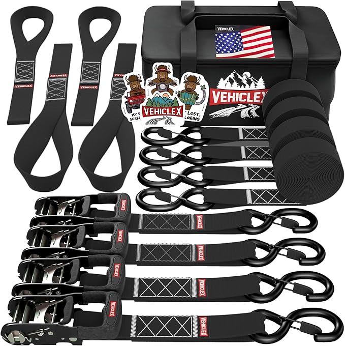 Vehiclex 1.5" x 15 ft 4,400 lb Heavy Duty Ratchet Tie Down Straps with Soft Loops – 4PK for Cargo & Equipment – Black