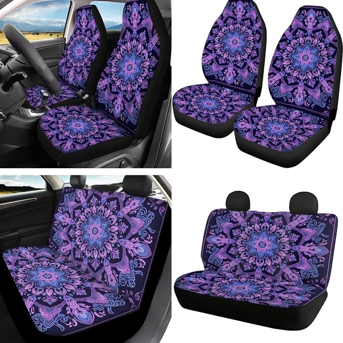 Howilath Purple Mandala Car Seat Cover Set Interior Protector 13 Piece with Auto Steering Wheel Pads, Seat Belt Cushion, Keychains, Cup Mat, Easy to Install