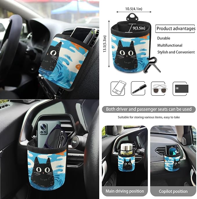 Cartoon Cat Print Car Front Back Seat Covers Set of 15 Steering Wheel Covers Trash Cans Air Vent Storage Bag Seatbelt Strap Cover Rear View Mirror Covers Cup Coasters Keychain
