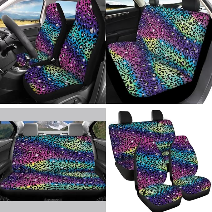 Colorful Leopard Auto Seat Covers Front Back Seats Set 14pcs,Cheetah Car Interior Set with Keychain,Seatbelt,Steering Wheel Cover,Car Coasters,Mirror Cover Decor Accessory for Women Men