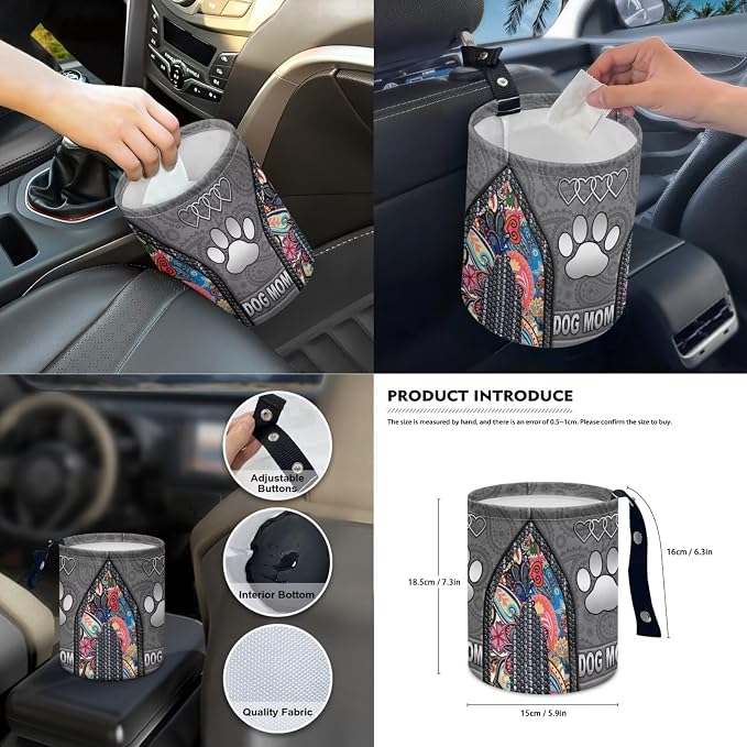 Dog Paw Print Car Seat Covers Full Set Dog Mom Print Front and Rear Car Seat Covers with Gear Lever Cover Handbrake Cover Garbage Bag Safety Belt Pads Cup Cushions, Gray