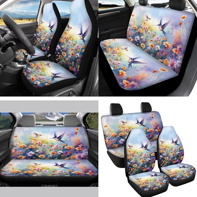Floral Hummingbird Car Seat Covers Full Set of 14 Pcs,Neoprene Steering Wheel Cover/Mirror Cover/Gear Shift Knob&Handbreak Cushion/Coaster/Key,Auto Interior Protector Aesthetic Car Accessory