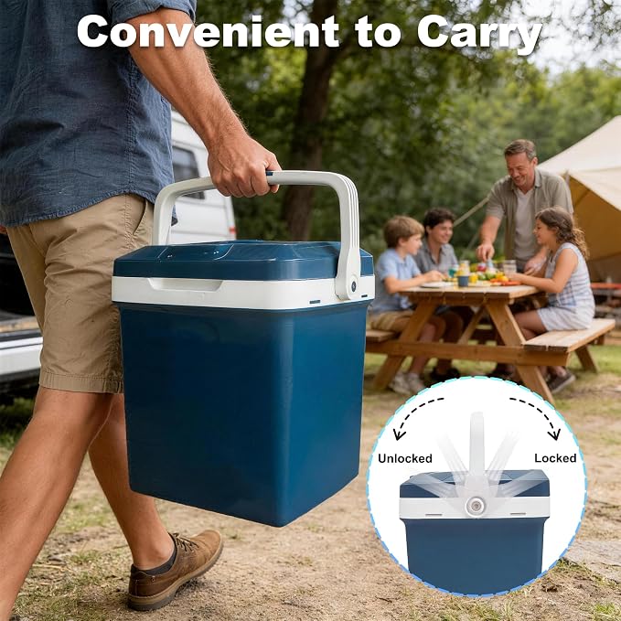 Iceblue Electric Cooler, 26 Liters/28 Cans Mini Fridge with Automatic Locking Handle, 120V AC Home Power Cord & 12V Car Adapter Car Refrigerator, Car Fridge for Home, Car, Gift - Blue