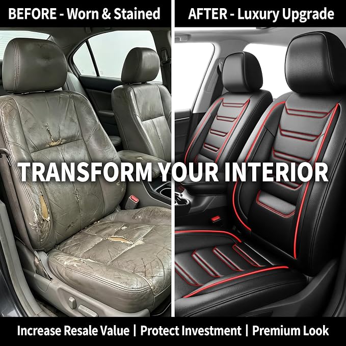 Fit SRX Car Seat Covers (Front Pair) for Select Cadillac SRX 2010-2016 - Premium Full Coverage Leather, Airbag Compatible & Scratch-Resistant, Waterproof & All Weather Seat Protector, Red Trim