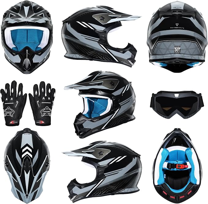 TRIANGLE Adult Dirt Bike Helmet Full Face Motorcycle Helmets with Adjustable Goggles & Gloves - DOT/FMVSS-218 Certified Motocross Helmet for Off-Road ATV BMX UTV