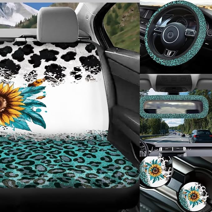 Cute Cow Print Car Seat Covers Full Set of 17 Pcs Sunflower Car Accessories for Women with Auto Headrest Covers Auto Steering Wheel Cover Keychains,Universal Automotive Interior Set Decor