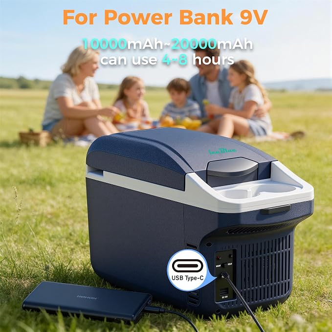 Iceblue Electric Cooler with Type-C, 8 Liter /11 Cans Mini Fridge with Belt, 9V Type-C Thermoelectric Dual-use Car Refrigerator, Car Fridge for Car, Dorm, Travel, Picnic, Gift (Blue)