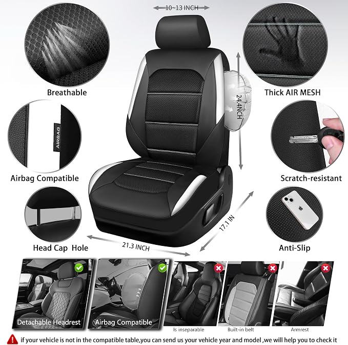 CAR PASS Memory 3D Foam Car Seat Covers Full Set, Breathable Mesh Thick Seat Covers for Cars,White Leather Seat Covers,Airbag Compatible Universal Automotive Comfort for SUVs Trucks SUV, Black White
