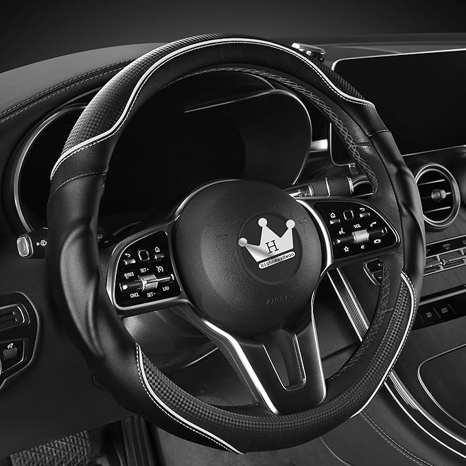 HighnessHwoo 3D Car Steering Wheel Cover Comfort Grip Massage Sporty Anti-Slip Carbon Fiber Faux Leather for Sedan SUV, Universal Fit, Car Handle Covers for All Seasons, 14.75-15.15in, White