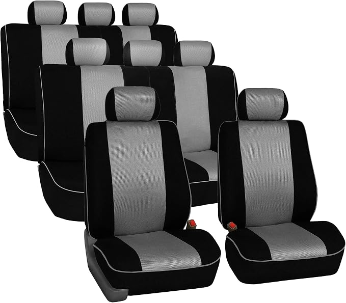 FH Group Car Seat Covers Three Row 8 Seater Cloth Car Seat Covers with Piping (Airbag and Split Ready) - Universal Fit for Cars Trucks & SUVs Gray/Black