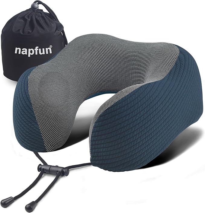 napfun Neck Pillow for Traveling, Upgraded Travel Neck Pillow for Airplane 100% Pure Memory Foam Travel Pillow for Flight Headrest Sleep, Portable Plane Accessories, Deep Blue