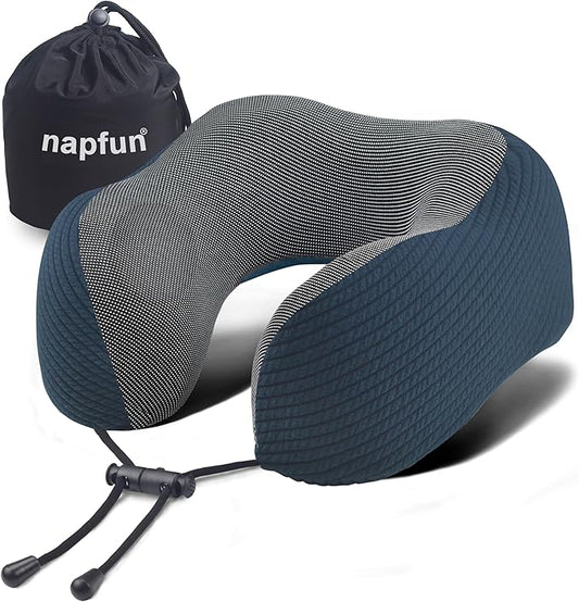 napfun Neck Pillow for Traveling, Upgraded Travel Neck Pillow for Airplane 100% Pure Memory Foam Travel Pillow for Flight Headrest Sleep, Portable Plane Accessories, Deep Blue