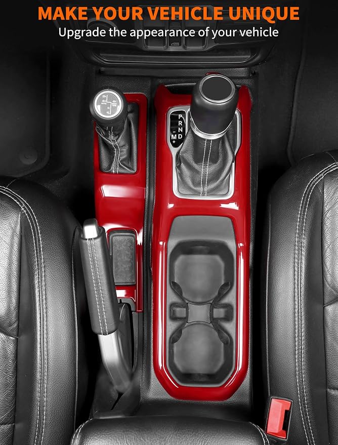 Savadicar Red Interior Accessories - Gear Shift Panel Trim Set for 2018-Present Jeep Wrangler JL JLU 4XE & Gladiator JT - Solid Color Interior Decor Upgrade Option, 2-Piece