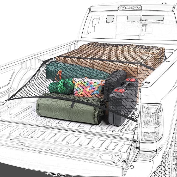 Highly Elastic Cargo Net for Pickup Truck Bed & All Metal Front Center Seat Headrest Organizer Compatible with 2011-2025 2026 Ford F150 F250 F350 F450 F550 F650