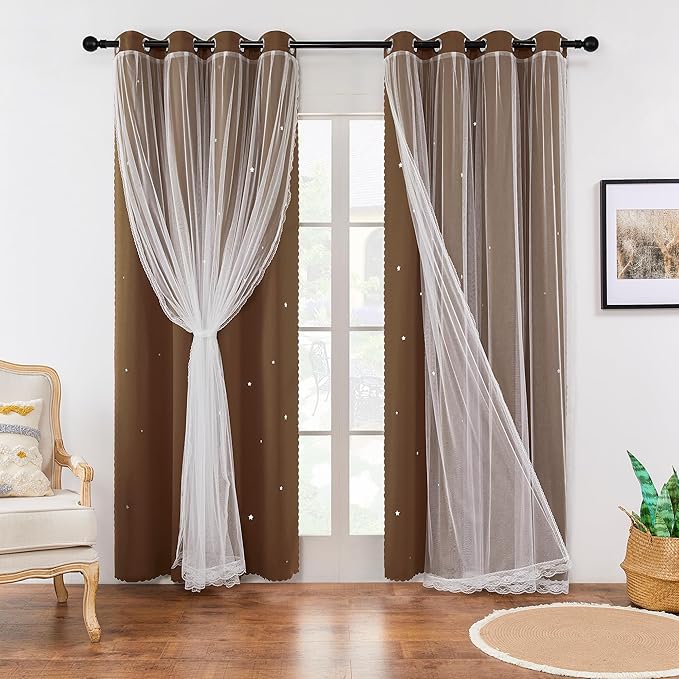 XiDi Black Out Curtains for Bedroom Windows, Girls Room Decor, Unicorn Theme for Kids, Living Room - 63 Inches Long 52 Inches Wide, 2 Panel, Brown