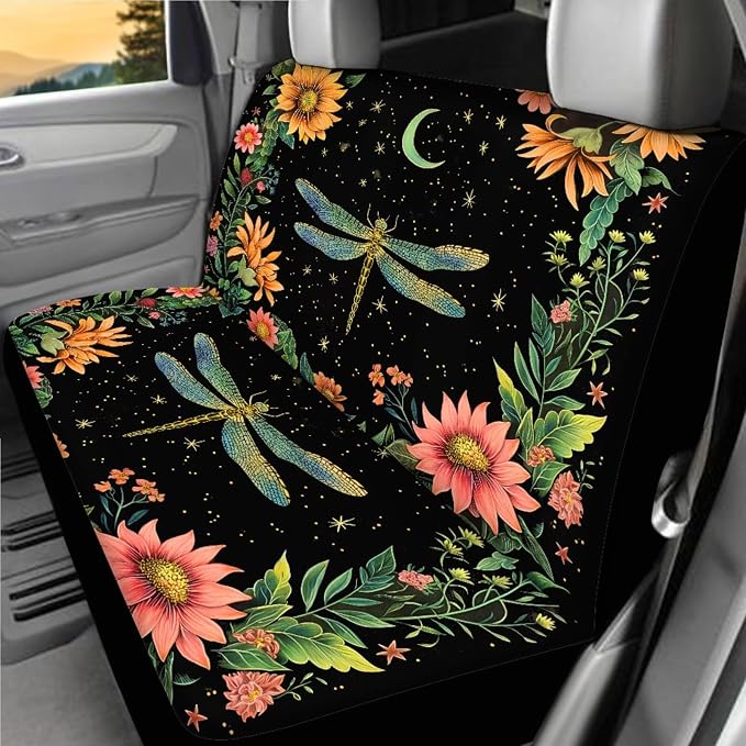 Dragonfly Moon Car Seat Covers Full Set of 18 Pcs Car Interior Accessories Set for Women Dragonfly Flower Car Headrest Covers Auto Seat Belt Pads Steering Wheel Cover Universal Fit