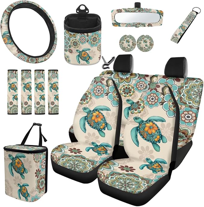Dreaweet Sea Turtle Seat Covers for Cars Full Set 15 Pcs Universal Boho Steering Wheel Cover Seat Belt Pads Car Coasters Trash Bag Air Vent Storage Pouch Rear View Mirror Cover Keychain