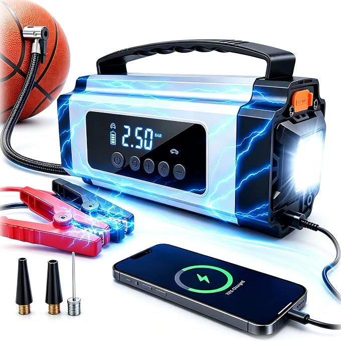 8000A Jump Starter with Air Compressor, 10-in-1 Portable Car Battery Booster and Tire Inflator Fast Charging Power Bank, Air Pump Battery Jumper Camping Road Trips Car Owner Gift