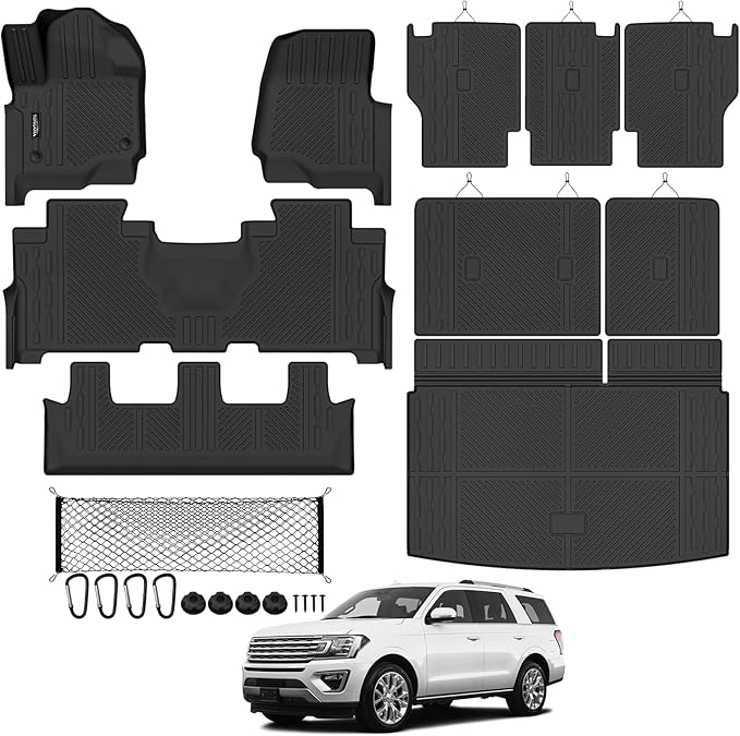 Tongama-Floor Mats for 2018-2024 Ford Expedition Max 8 Seats with 2nd Row Bench Seat, All Weather TPE Trunk Mat and 2nd & 3rd Backrest Mats Protectors and Cargo Net for Ford Expedition Accessories