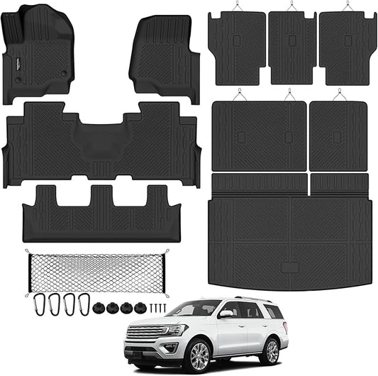 Tongama-Floor Mats for 2018-2024 Ford Expedition Max 8 Seats with 2nd Row Bench Seat, All Weather TPE Trunk Mat and 2nd & 3rd Backrest Mats Protectors and Cargo Net for Ford Expedition Accessories