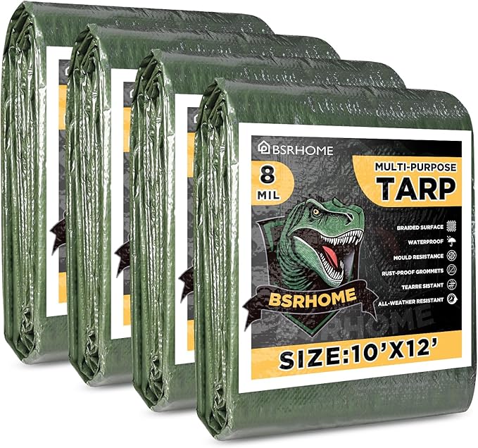 Tarps Waterproof 10x12 Feet, 4 Pack Heavy Duty Green Tarp Cover 8 Mil Thick, Resistant Plastic Tarpaulin with Metal Grommets, Outdoor Tent Cover for Emergency Rain