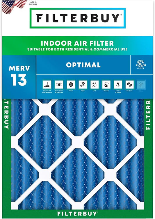 Filterbuy 15x20x2 Air Filter MERV 13 Optimal Smoke & Allergy Defense (1-Pack), Electrostatic Pleated HVAC AC Furnace Filters Replacement (Actual Size: 14.50 x 19.50 x 1.75)