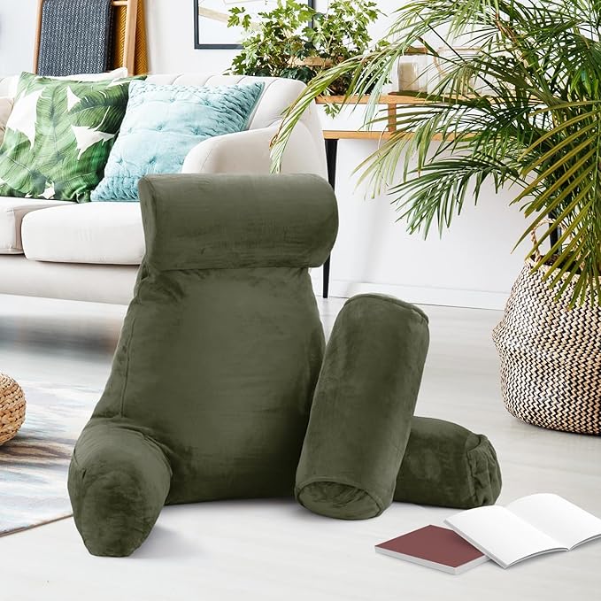 Nestl Reading Pillow with Shredded Memory Foam Includes 2 Neck and Lumber Support Pillows, Designed for Sitting Up in Bed and Couch, Back and Arms Adjustable Support for Adult & Teens, Olive Green