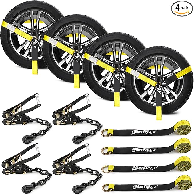 4 Pack Tire Tie Down Straps for Trailers – 2" x 96" Lasso Wheel TrailerRatchet Straps with Chain Anchors, Heavy Duty 9900 lbs Break Strength,UTV, SUV, Truck Trailer Hauling, Yellow