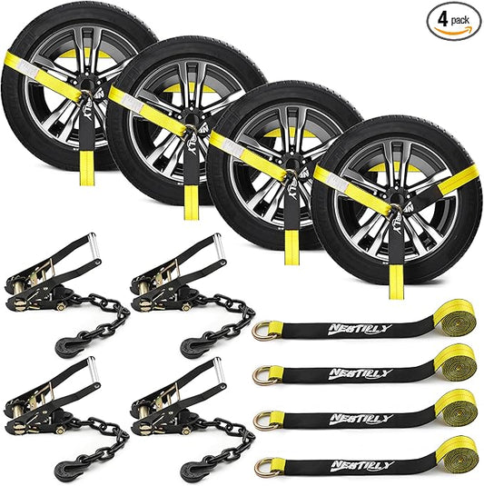 4 Pack Tire Tie Down Straps for Trailers – 2" x 96" Lasso Wheel TrailerRatchet Straps with Chain Anchors, Heavy Duty 9900 lbs Break Strength,UTV, SUV, Truck Trailer Hauling, Yellow