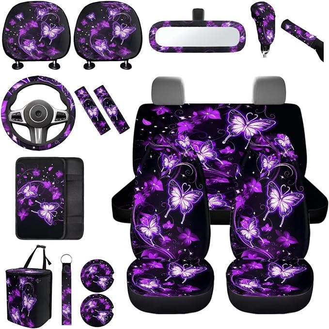 Purple Butterfly Car Seat Covers Full Sets with Front and Split Rear Bench,Butterflies Car Aaccessories Sets for Women Auto Interior Accessories with Headrest Covers,Seat Belt Shoulder Pad