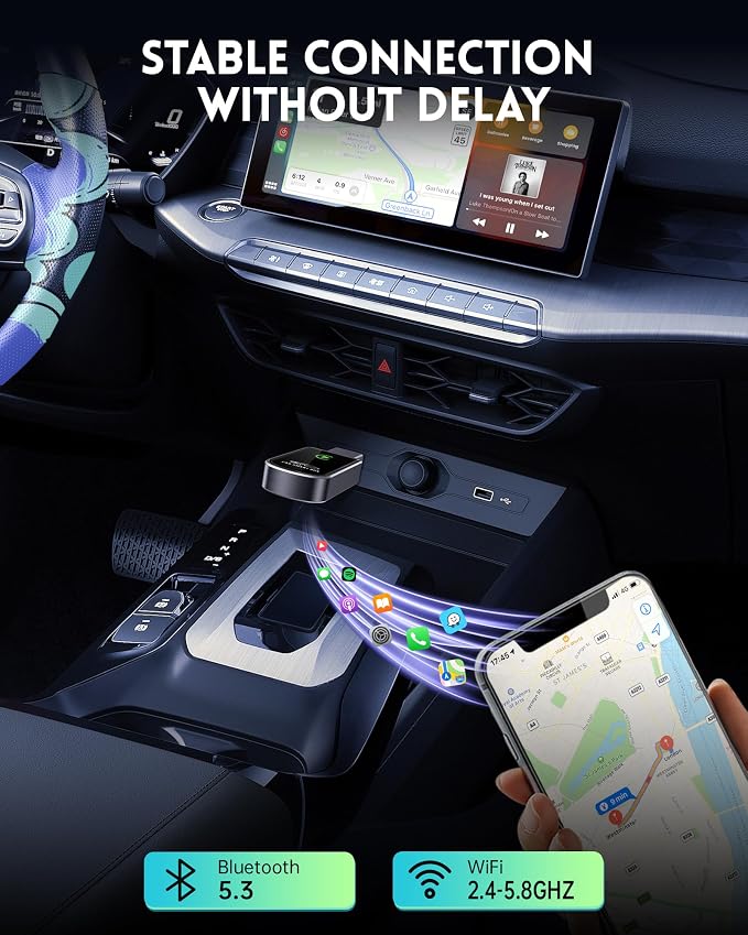 Amzfeel Wireless Carplay Adapter for Apple iPhone, Mini Bluetooth Dongle Convert Factory Wired to Wireless Car Play Plug & Play Auto Connect, Low Latency, GPS for iOS 10+ & Cars 2015+ (Brushed Gery)