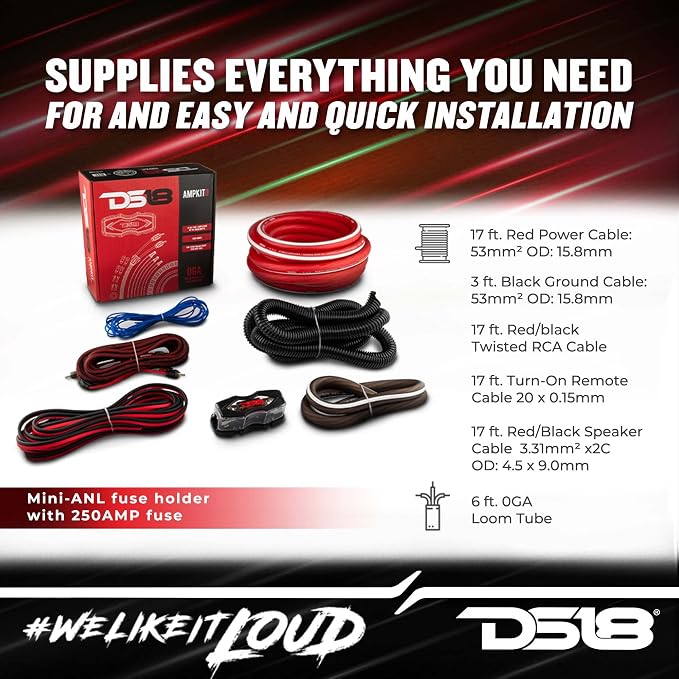 DS18 AMPKIT0 0 Gauge CCA Complete Amp Wiring Kit - Amplifier Install Wiring 1/0 Ga Amp Kit Pro Installation Cables Up to 3500 Watts with ANL Fuse Holder 250A