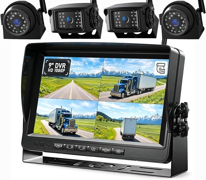 4 Wireless Backup Camera System HD 1080P 9" DVR Quad Split Monitor, IP69 Waterproof Hardwired Wireless Rear View Side View Cameras for RV Truck Trailer Camper, Loop Recording- ZEROXCLUB B904