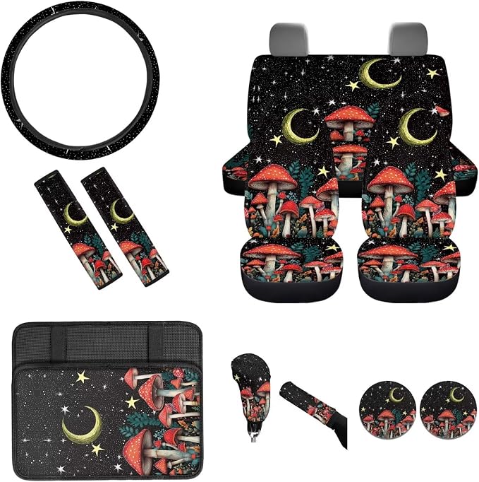 BIGCARJOB Moon Mushroom Car Seat Covers Set for Women Auto Interior Accessories Full Set 12 Pcs Cup Holder,Steering Wheel Covers,Armrest Pads