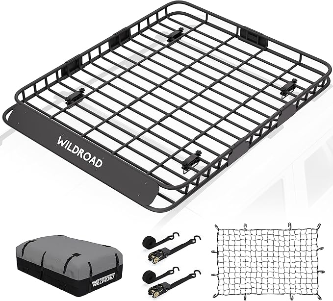 Wildroad Roof Rack Cargo Basket, Upgraded 4” Fence Wide Car Roof Basket Combo, 64"x 50"x 4" Universal Roof Cargo Carrier Basket with Cargo Bag, Cargo Net and Ratchet Straps Fits for SUV Truck Cars