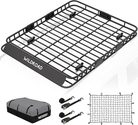 Wildroad Roof Rack Cargo Basket, Upgraded 4” Fence Wide Car Roof Basket Combo, 64"x 50"x 4" Universal Roof Cargo Carrier Basket with Cargo Bag, Cargo Net and Ratchet Straps Fits for SUV Truck Cars