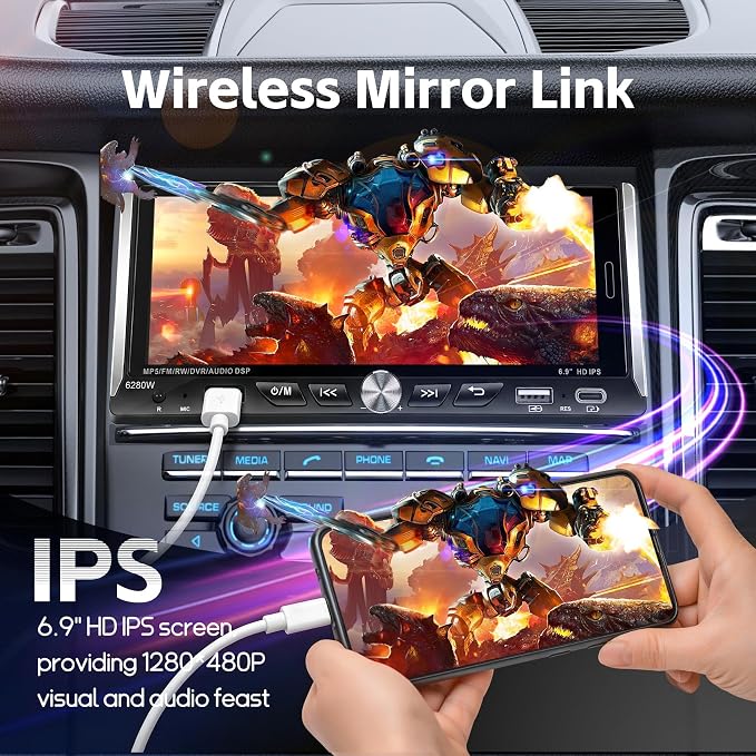 Single Din Radio Car Stereo with Wireless Apple Carplay & Android Auto, 6.9" IPS Touchscreen Car Stereo with Bluetooth 1080P Backup Camera Mirror Link Navigation USB Type-C Fast Charging FM/AM EQ SWC